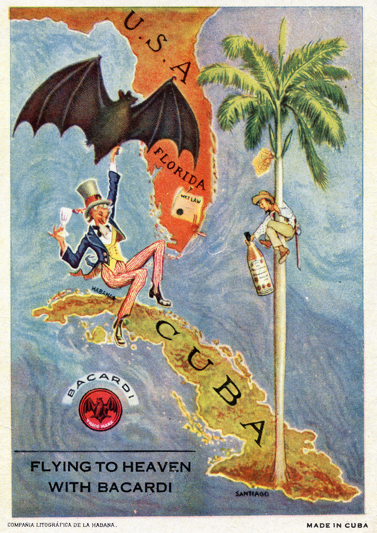 Bacardi prohibition era postcard email, has Florida at top and Cuba on bottom, with people drinking rum in between. Bacardi logo then text below "Flying to Heaven with Bacardi"