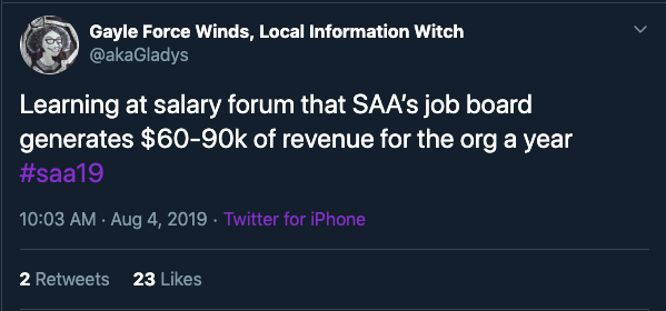 Screenshot of Tweet by @akaGladys: Learning at salary forum that SAA's job board generates $60-90k of revenue for the org a year #saa19" 10:03 AM Aug 4, 2019 Twitter by IPhone 2 Retweets 23 Likes