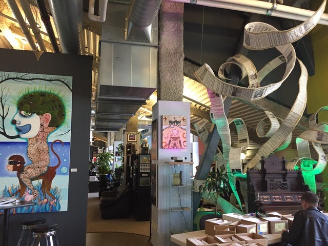 Large painting by JennyBIrd Alcantara , small painting, center, by Josh Coffy, organ and sheet music from the Church Trap by Rebekkah Waites, 2013