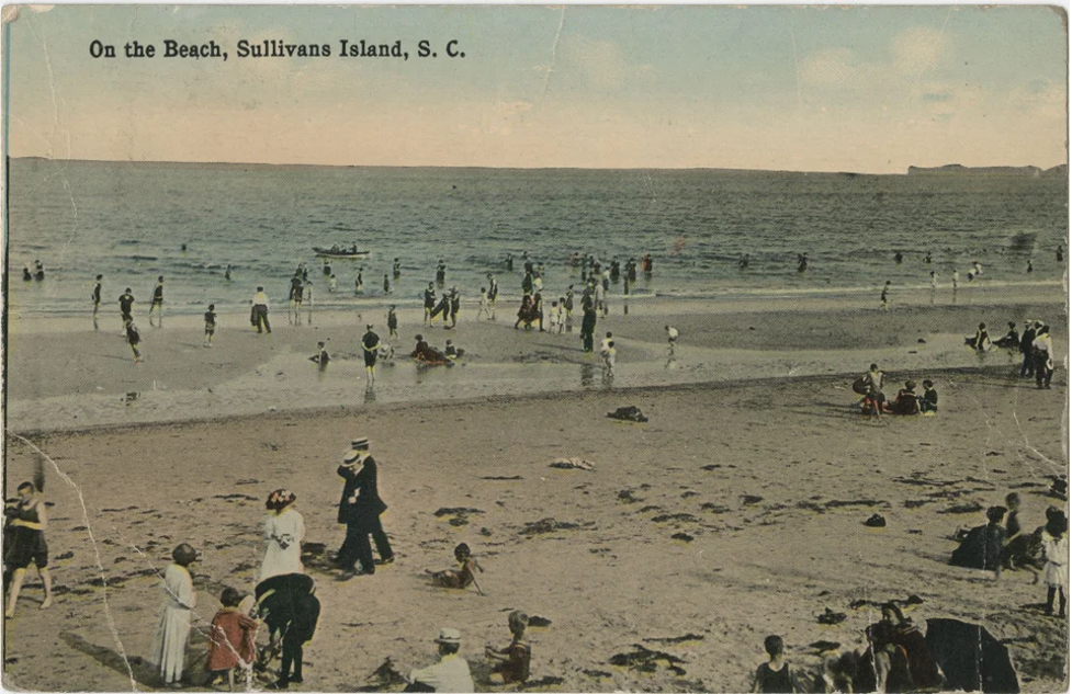 A historical postcard depicts a beach scene on Sullivan's Island, South Carolina.