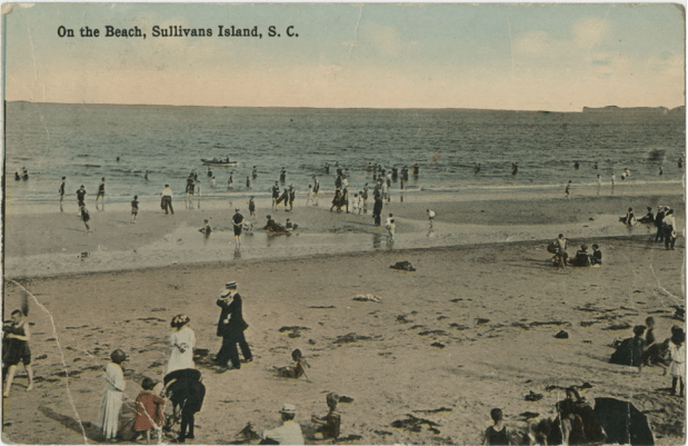 A historical postcard depicts a beach scene on Sullivan's Island, South Carolina.
